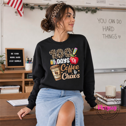 100 days coffee chaos crewneck sweatshirt in black with leopard print 100.