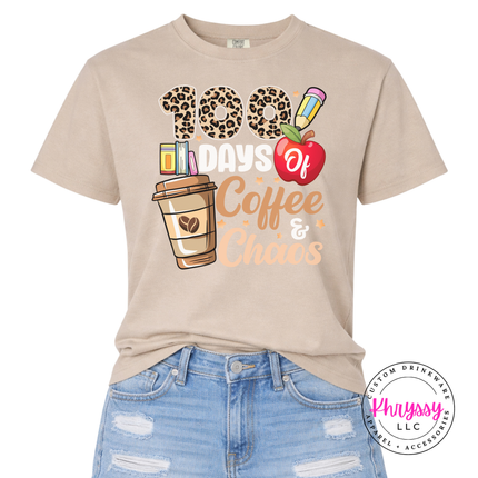 100 days of coffee and chaos tee in Sandstone, styled for milestone day.