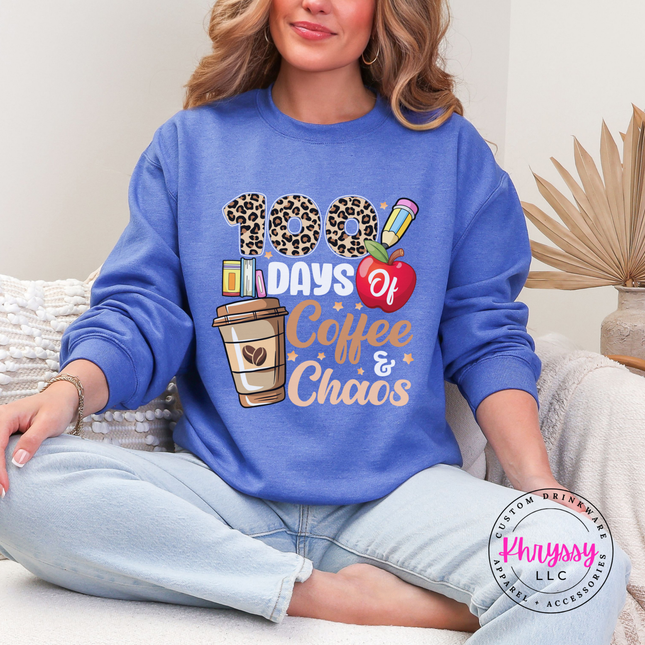 Cozy heather sport royal sweatshirt with leopard 100 days graphic.