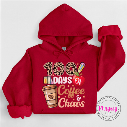 100 days coffee chaos hoodie in antique cherry red with drawstring hood and kangaroo pocket.
