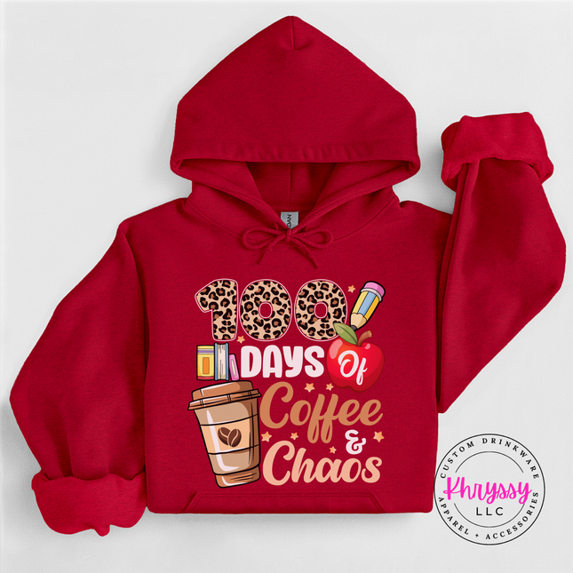 100 days coffee chaos hoodie in antique cherry red with drawstring hood and kangaroo pocket.