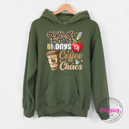 100 days hoodie in military green, layered for a cooler milestone day.
