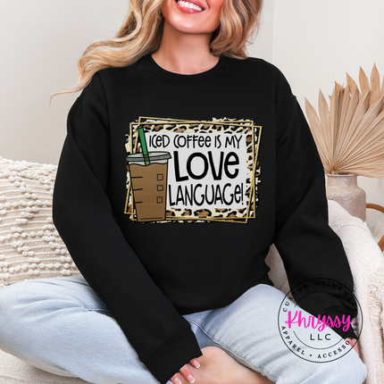 Iced Coffee Is My Love Language Leopard Gildan Crewneck Sweatshirt