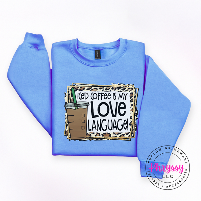 Iced Coffee Is My Love Language Leopard Gildan Crewneck Sweatshirt