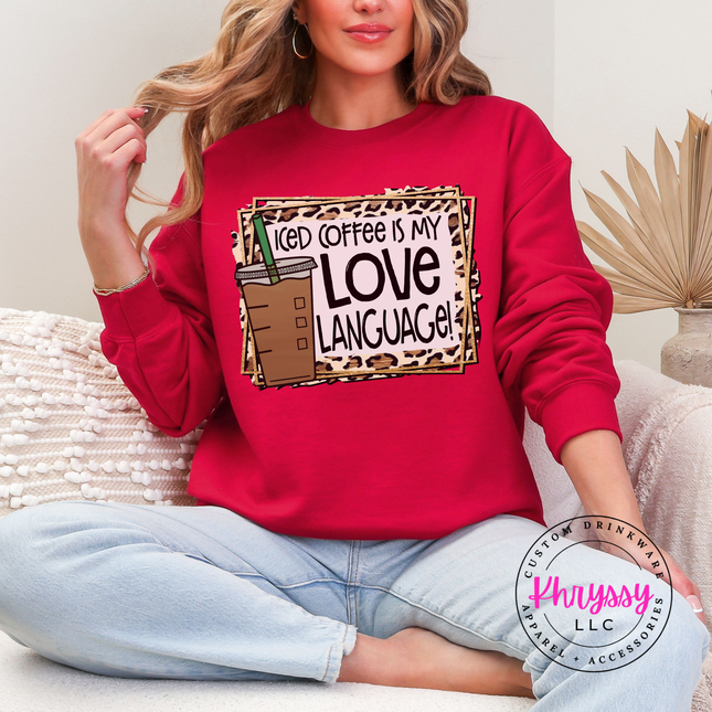 Iced Coffee Is My Love Language Leopard Gildan Crewneck Sweatshirt