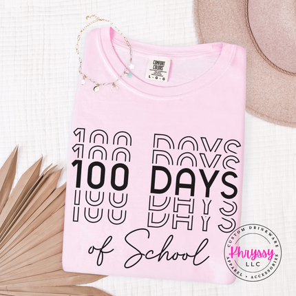Blossom Comfort Colors tee with bold shadow repeat 100 Days of School typography.