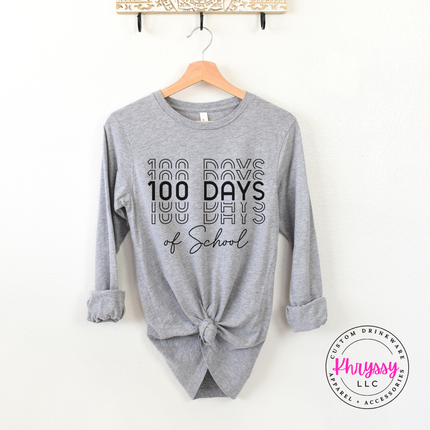 Athletic Heather Bella Canvas long sleeve with bold shadow repeat 100 Days of School typography.