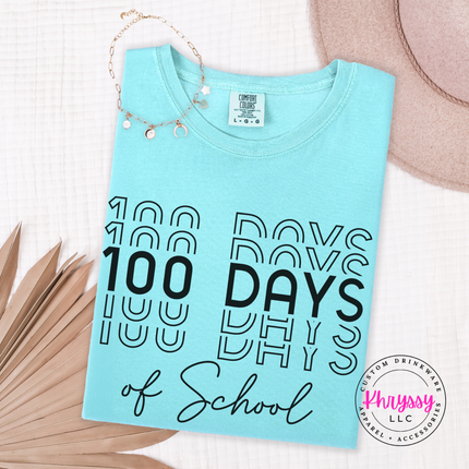 Chalky Mint soft cotton tee featuring the bold stacked 100 Days of School repeat lettering.