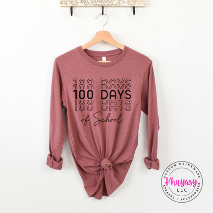 Heather Mauve long sleeve featuring the bold stacked 100 Days of School repeat lettering.