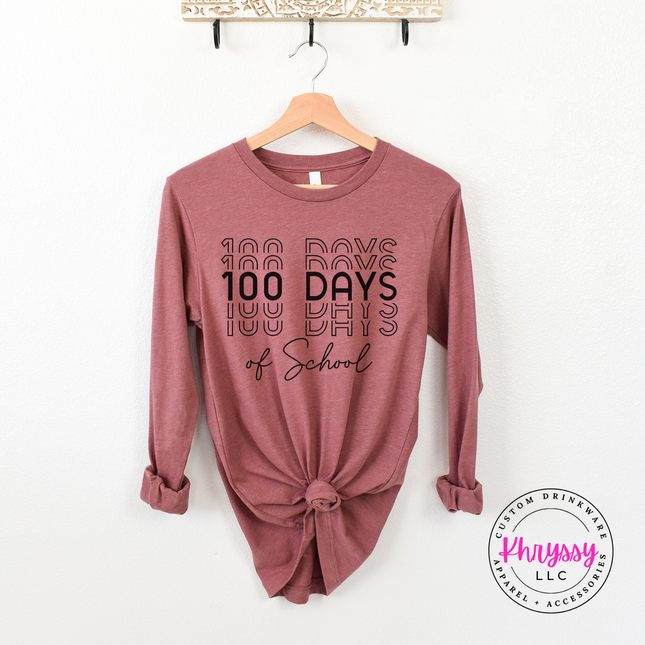 Heather Mauve long sleeve featuring the bold stacked 100 Days of School repeat lettering.