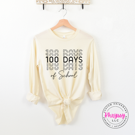 Natural Bella Canvas long sleeve printed with bold shadow 100 Days of School design.
