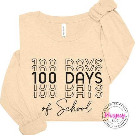 Soft Cream Bella Canvas long sleeve with clean bold shadow repeat 100 Days of School print.