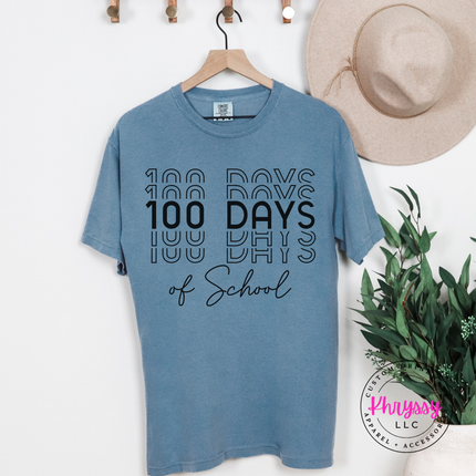 Ice Blue Comfort Colors tee printed with bold shadow 100 Days of School typography.