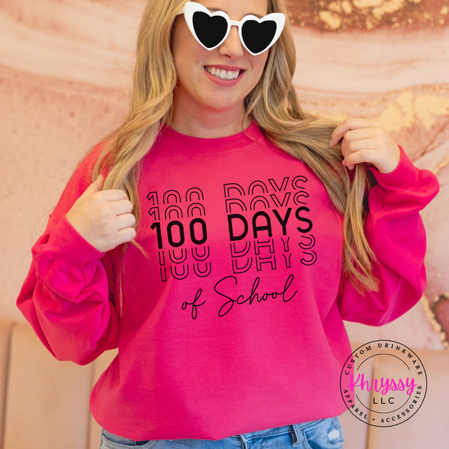 Heliconia crewneck sweatshirt featuring the bold stacked 100 Days of School repeat lettering.