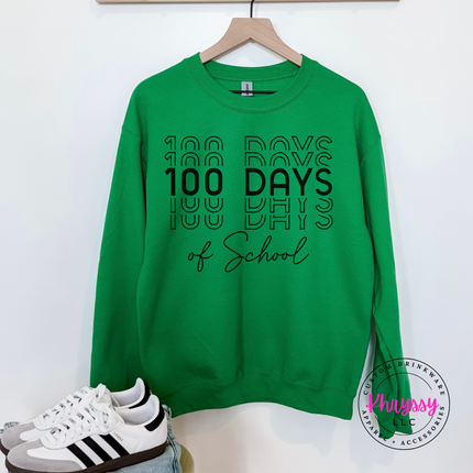 Irish Green Gildan crewneck printed with bold shadow 100 Days of School typography.