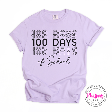 Orchid relaxed tee showing bold stacked 100 Days of School repeat shadow print.