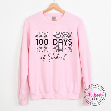 Light Pink heavyweight crewneck with clean bold shadow repeat 100 Days of School typography.