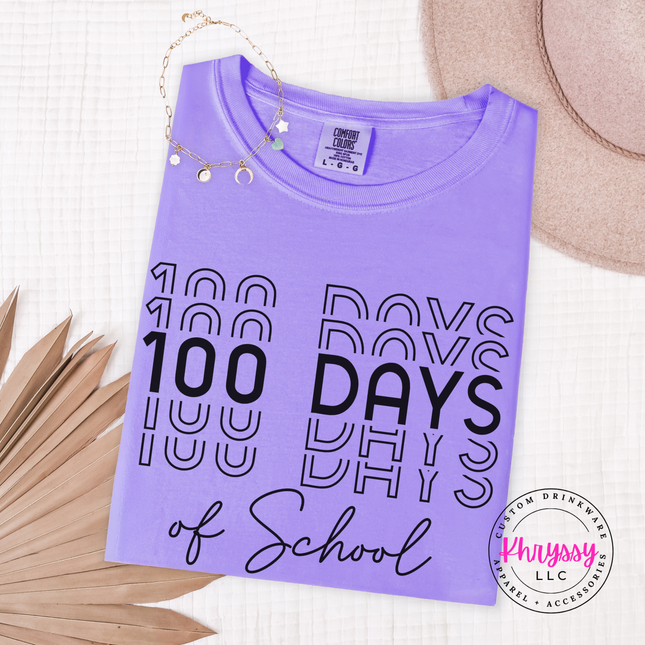 Violet Comfort Colors tee with clean bold shadow repeat 100 Days of School typography.