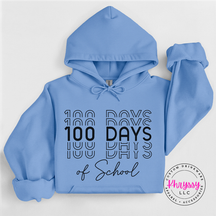 Carolina Blue Gildan hoodie with bold shadow repeat 100 Days of School typography.