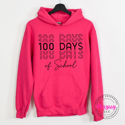 Heliconia pullover hoodie featuring the bold stacked 100 Days of School repeat lettering.