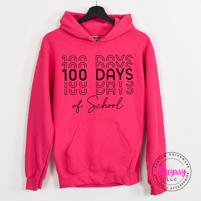 Heliconia pullover hoodie featuring the bold stacked 100 Days of School repeat lettering.