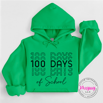 Irish Green Gildan hoodie printed with bold shadow 100 Days of School typography.