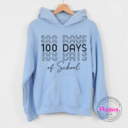Light Blue Gildan hoodie showing bold stacked 100 Days of School repeat shadow print.