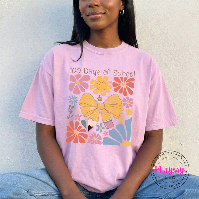 Floral bow 100 days of school statement on blossom Comfort Colors tee with warm botanical and golden bow detail