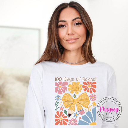 Bold 100 days floral celebration long sleeve on white Bella Canvas with pink gold and blue botanical print