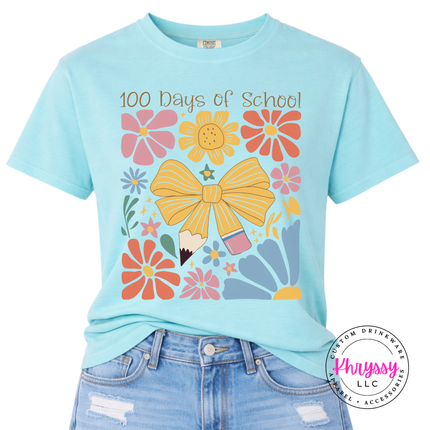 Gorgeous 100 days of school floral statement on hydrangea Comfort Colors tee with warm golden bow and botanical detail