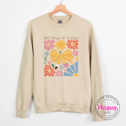 Gorgeous 100 days milestone crewneck on sand Gildan with warm golden bow and botanical detail