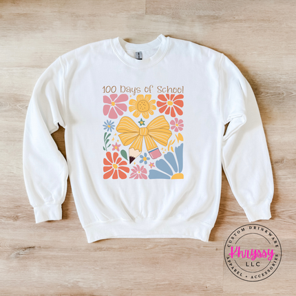 Rich 100 days of school floral bow crewneck on white Gildan sweatshirt with warm botanical and golden bow detail