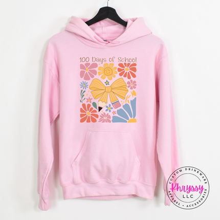 Rich 100 days of school floral bow hoodie on light pink Gildan with warm botanical and golden bow graphic