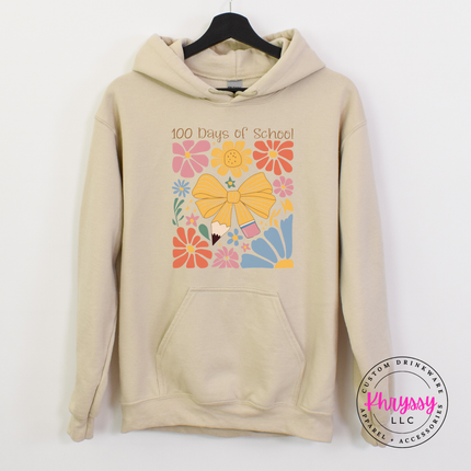 Gorgeous 100 days milestone hoodie on sand Gildan with warm golden bow and botanical detail