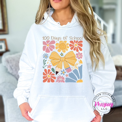 Floral bow 100 days of school hoodie on white Gildan with warm botanical and golden bow detail