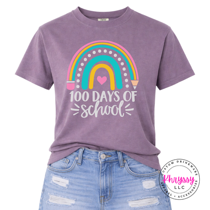 Wine colored rainbow 100 Days Of School shirt with pencil accents.