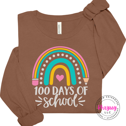 Chestnut colored 100 Days Of School tee featuring a pastel rainbow design.