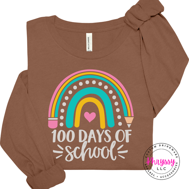 Chestnut colored 100 Days Of School tee featuring a pastel rainbow design.