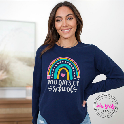 Navy rainbow 100 Days Of School shirt with pencil accents.
