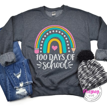Dark heather crewneck featuring a pastel rainbow 100 Days Of School design.