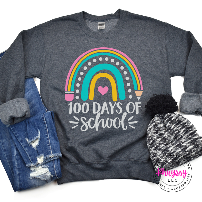 Dark heather crewneck featuring a pastel rainbow 100 Days Of School design.
