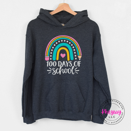 Dark heather hoodie featuring a pastel rainbow 100 Days Of School design.