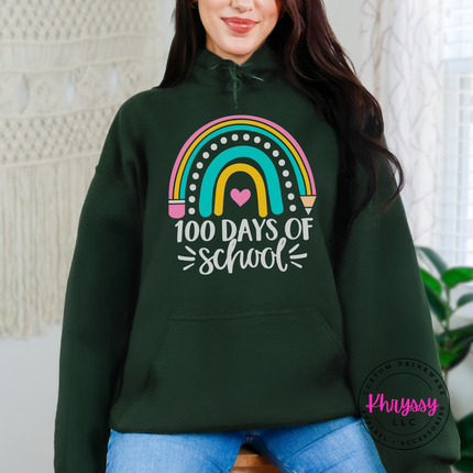 Forest green 100th day of school hoodie styled for the classroom.
