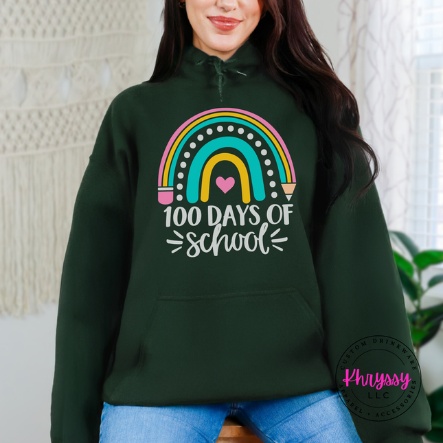 Forest green 100th day of school hoodie styled for the classroom.