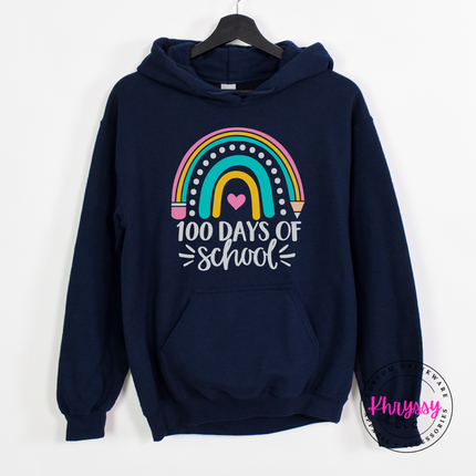 Navy rainbow 100 Days Of School hoodie with pencil accents.