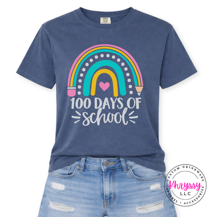 Denim colored 100 Days Of School tee featuring a pastel rainbow design.