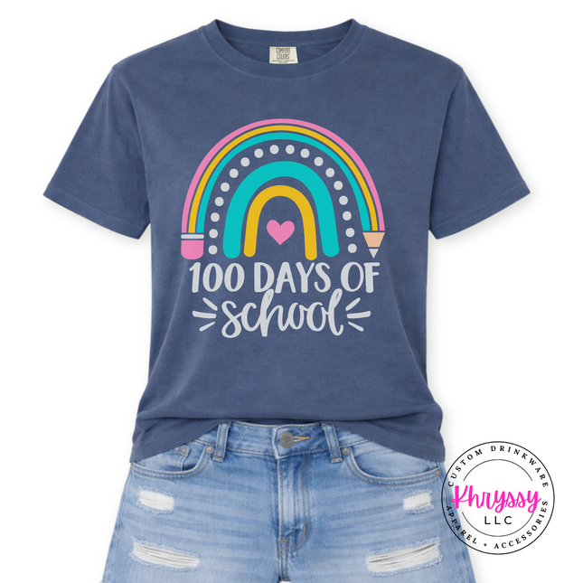 Denim colored 100 Days Of School tee featuring a pastel rainbow design.