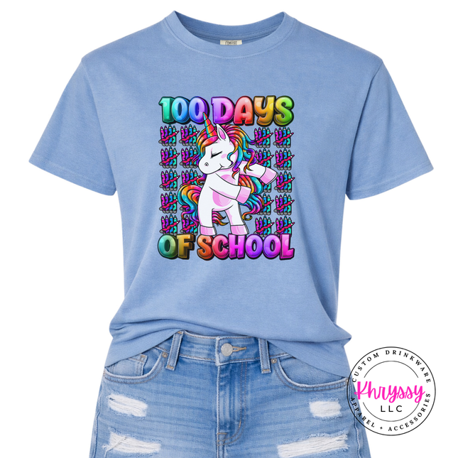 washed denim unicorn rainbow 100 Days Of School shirt with crayon accents.