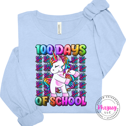 Baby blue tee featuring a colorful unicorn 100 Days Of School design.