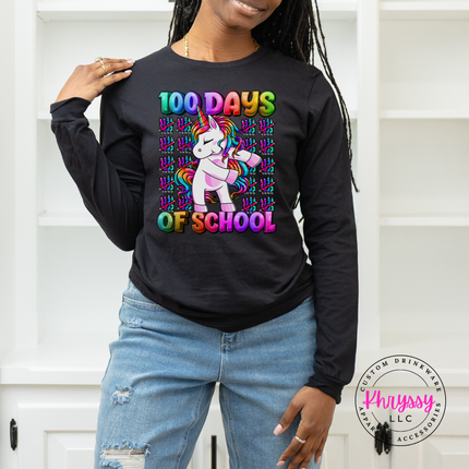 Black 100th day of school tee with a bright rainbow crayon print.